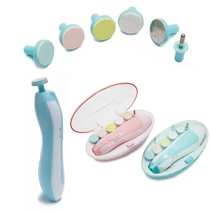 Two pastel-colored electric nail trimmers (pink and blue) shown with multiple circular attachments in different colors and textures, displayed both inside their oval cases and separately above.