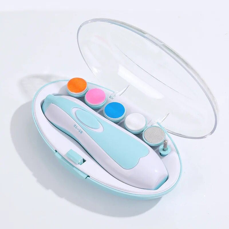 A mint green and white baby nail trimmer set in an oval case with a clear lid, featuring five colorful attachments neatly arranged inside.