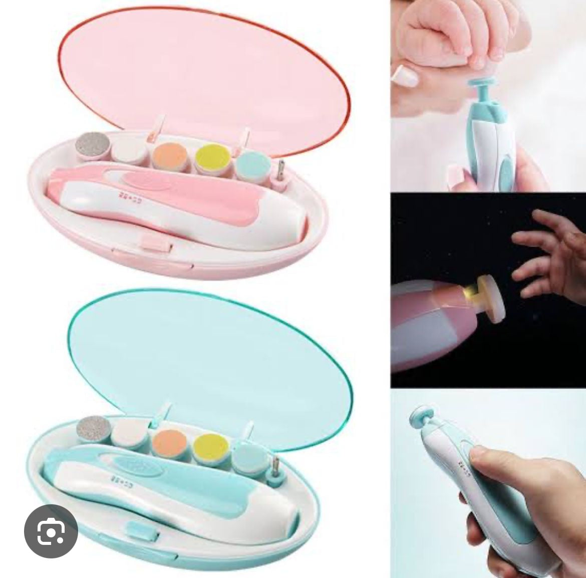 Two baby nail trimmer sets — one pink and one blue — each with multiple attachments in oval cases; smaller side images show the trimmer being used on a baby’s fingernails and glowing with a built-in light.
