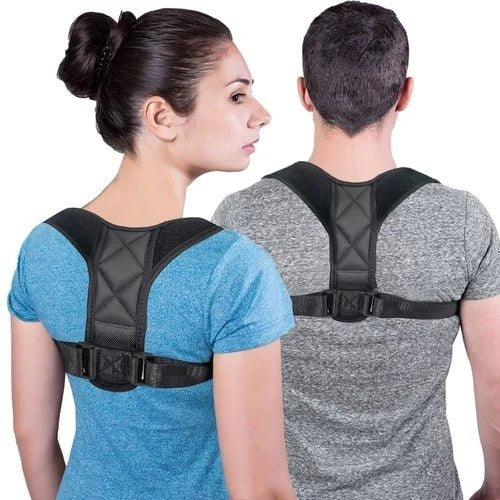 Two people wearing black posture correctors, one from the front and one from the back.
