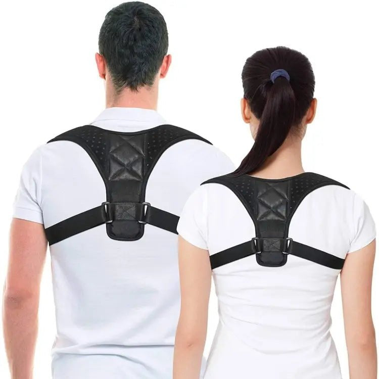 Two people wearing black posture correctors on a white background