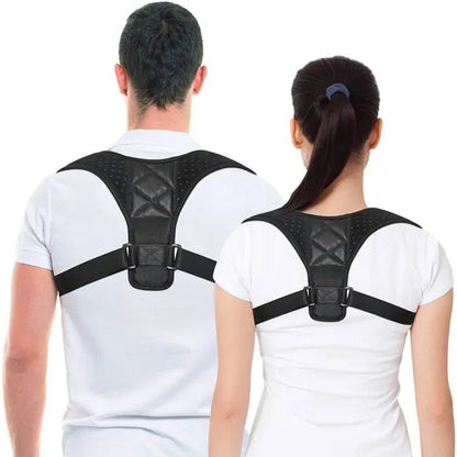 Two people wearing black posture correctors on a white background