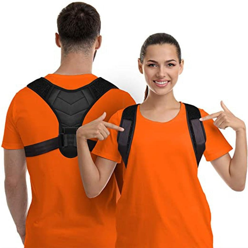 Two people wearing black posture correctors on a white background