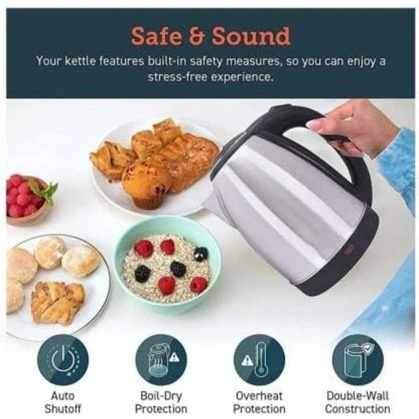 Electric kettle with safety features displayed on a table with food, text 'Safe & Sound' and icons.