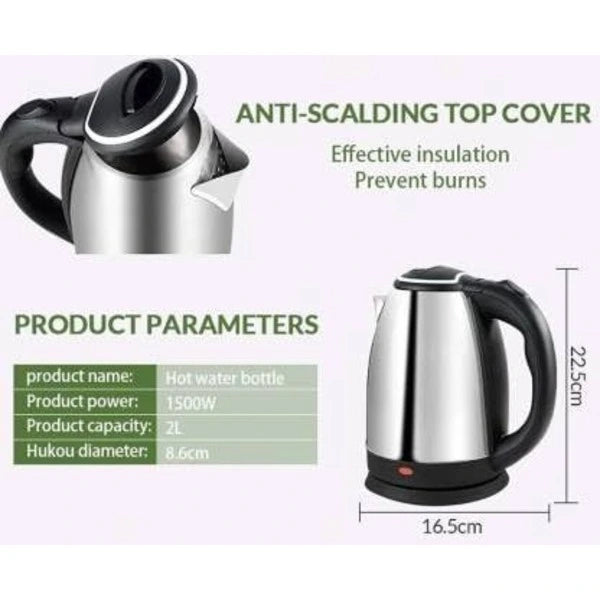 Hot water bottle with anti-scalding top cover and product parameters on a white background
