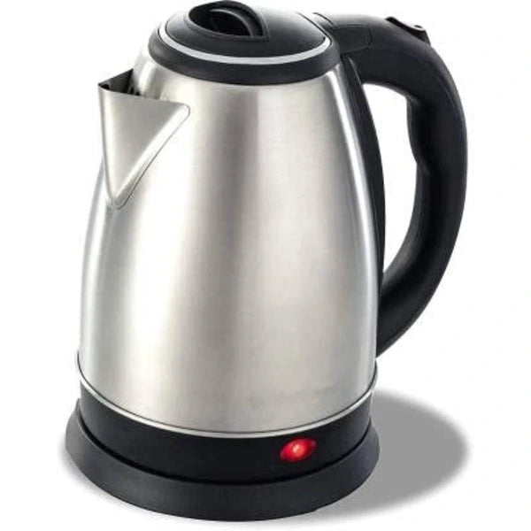 Stainless steel electric kettle with black handle on a white background