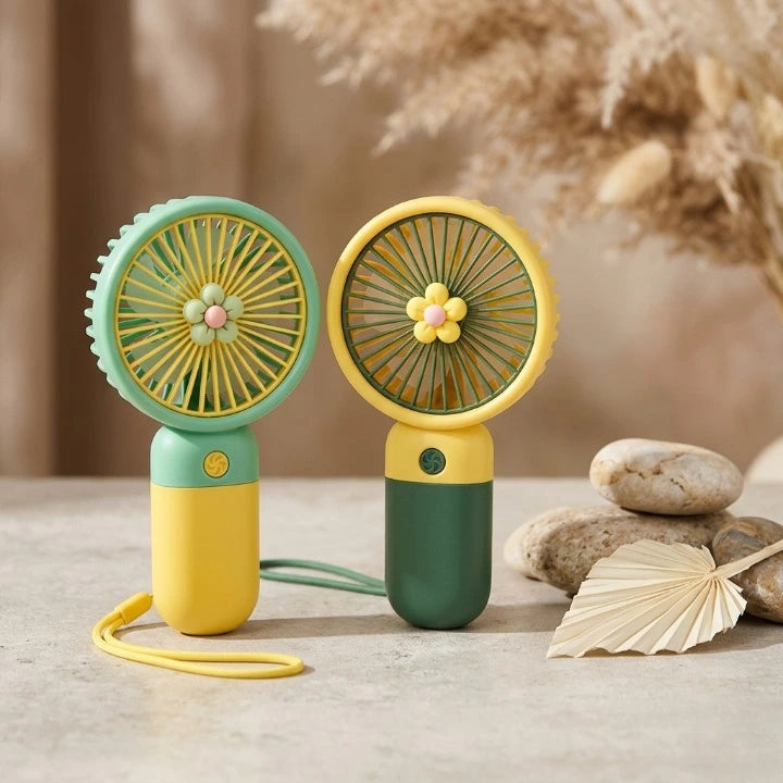 Two colorful handheld fans on a neutral background with decorative elements.