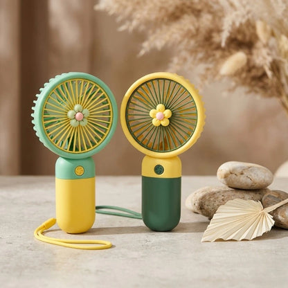 Two colorful handheld fans on a neutral background with decorative elements.