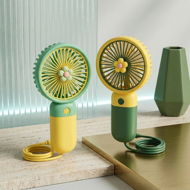Two green and yellow handheld fans on a wooden surface with a vase in the background.