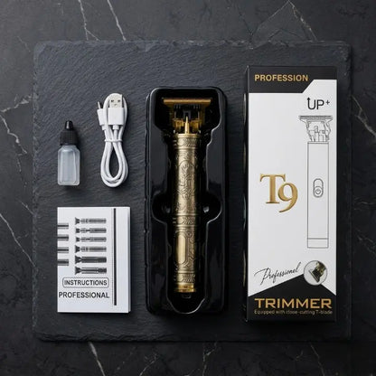 Professional trimmer set with packaging on a dark surface