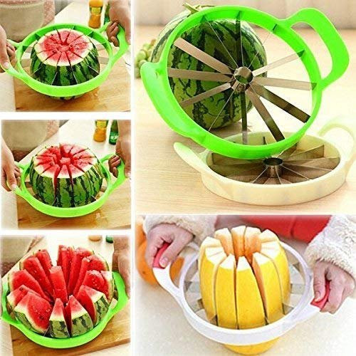 Collage of a green watermelon slicer cutting watermelon and peaches.