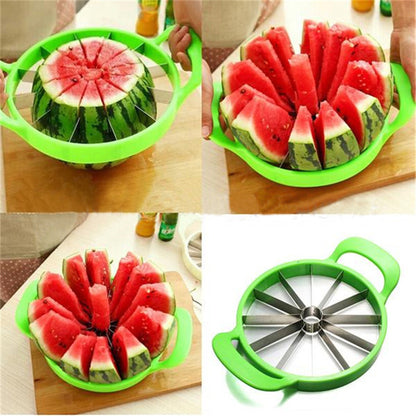 Collage of a green watermelon slicer cutting a watermelon into wedges on a wooden cutting board.