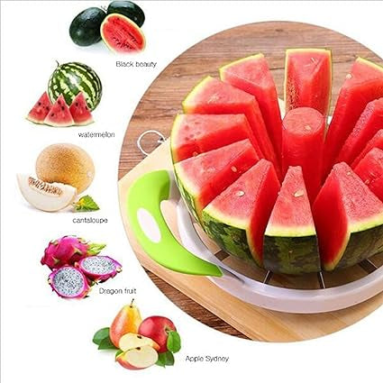 Watermelon slicer with sliced watermelon on a wooden board, surrounded by images of other fruits.